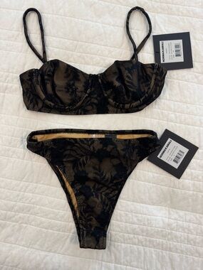 NWT | Norma Kamali Black Lace-Overlay Bikini with Nude Underlay